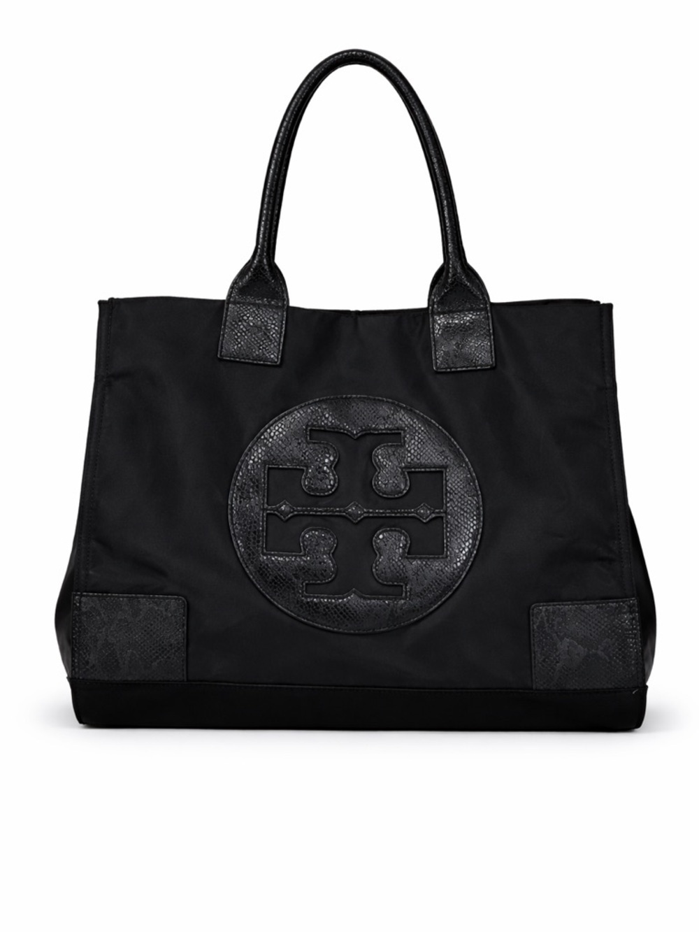 Tory Burch Ella Black Nylon and Patent Leather Large Double Handle Tote Bag